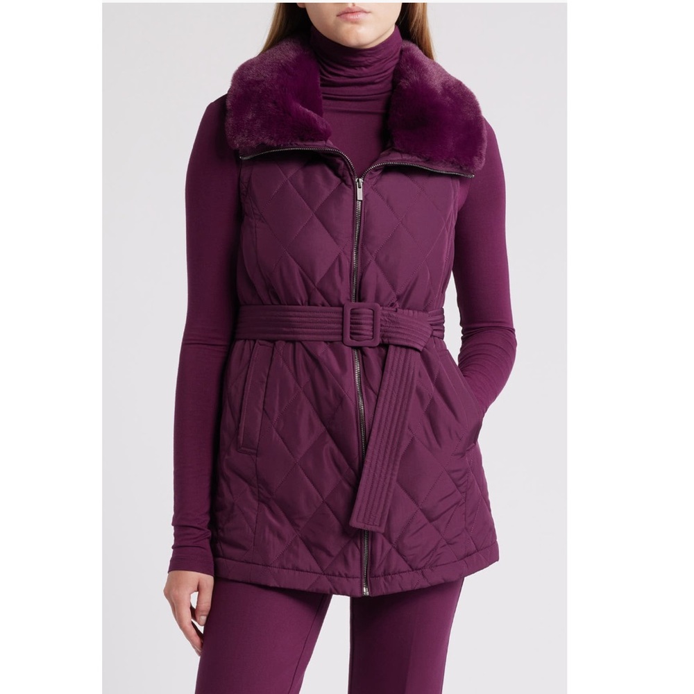 Anne Klein Dark Plum Belted Zip Front Quilted Vest with Faux Fur Collar -Reemoly